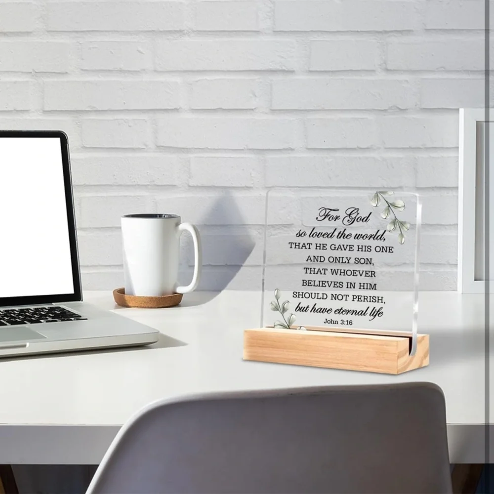 CHRISTIAN Acrylic Desk Sign with Stand – John 3:16 Bible Verse Home Decor - NEW - Picture 2 of 5